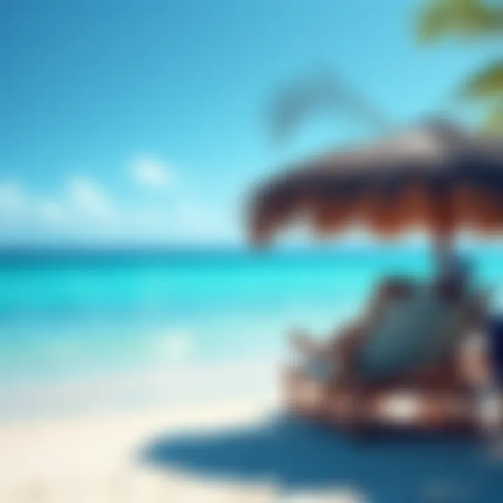 A serene beach with blue waters and a person relaxing in a beach chair, enjoying the view during a market dip.