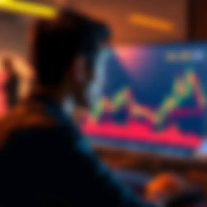 A focused person looking at a Bitcoin price chart on a screen, showing sharp drops and rises, while remaining calm and composed.