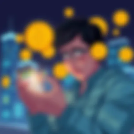 An illustration showing a worried person looking at their bank account on a smartphone while Bitcoin symbols float around, representing financial protection.