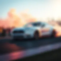 A bright car performing a drift on a race track, showcasing tire smoke and excited fans in the background