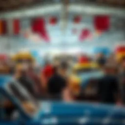 A diverse group of people engaging in lively bidding on vintage cars at an auction event.