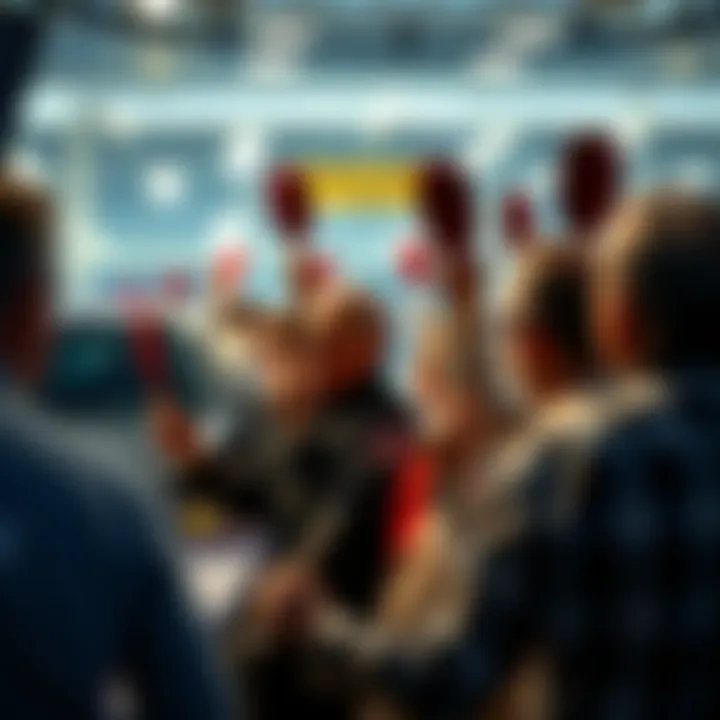 A car auction taking place with bidders silently raising their paddles, while others engage in discussions