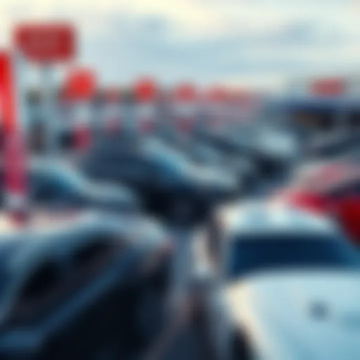 Car dealership lot with signs A busy car dealership lot showing various car models and dealer signage, representing sales practices in the car market