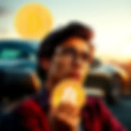 A person contemplating between selling Bitcoin and taking a loan to buy a car, with a car and Bitcoin symbol in the background