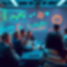 A group of people discussing Cardano's future in a digital forum setting, with charts and graphics about cryptocurrency in the background.