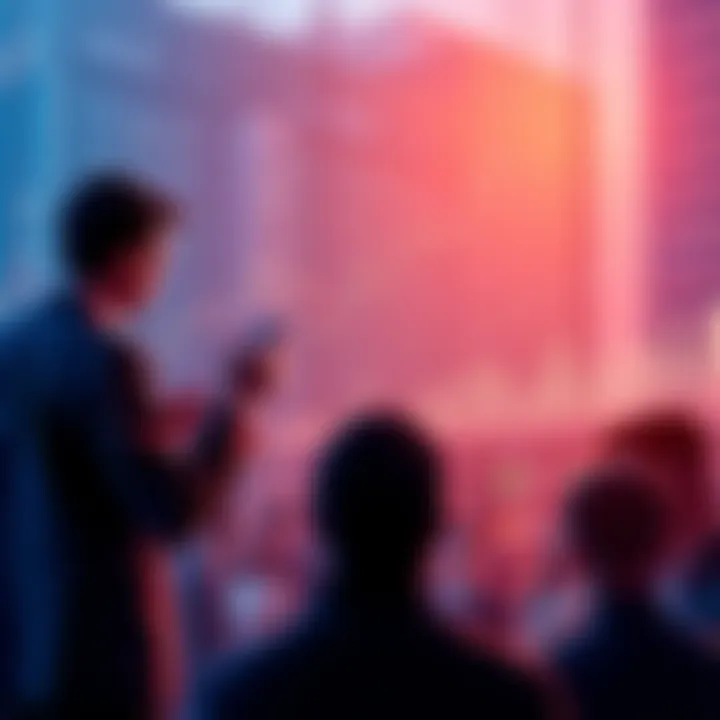 Cardano Investment Discussion A group of people discussing Cardano investments with charts and graphs showing market trends