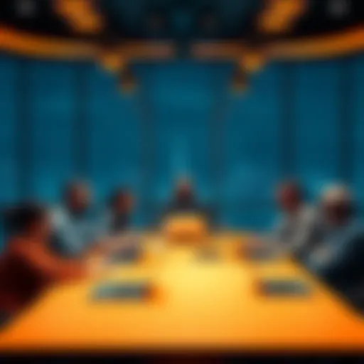 A group of diverse people discussing Cardano reward sharing ideas around a table with laptops and charts.