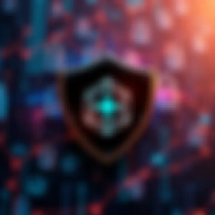 A shield symbol representing Cardano's strong security measures, surrounded by digital locks and a blockchain background