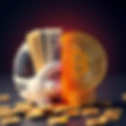 A split image showing cash on one side and a Bitcoin symbol on the other, representing the decision between saving money and investing in Bitcoin.