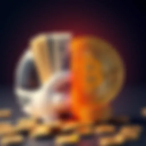 A split image showing cash on one side and a Bitcoin symbol on the other, representing the decision between saving money and investing in Bitcoin.