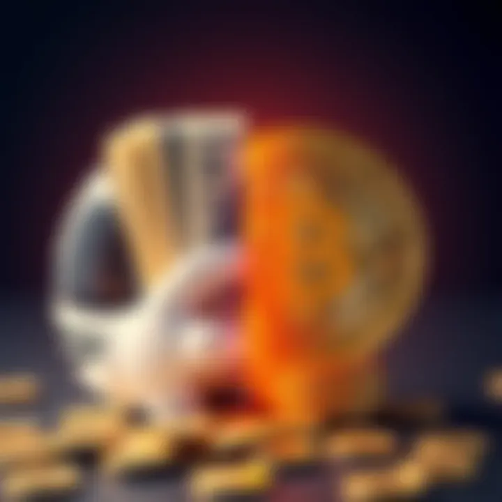 A split image showing cash on one side and a Bitcoin symbol on the other, representing the decision between saving money and investing in Bitcoin.