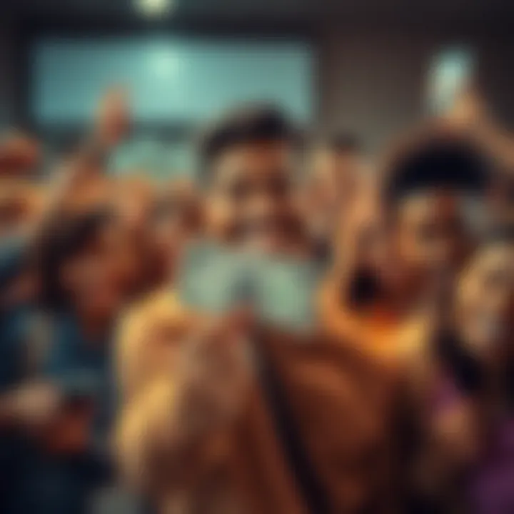 A person holding a $20 bill with a friendly smile, surrounded by a diverse group of people eager to participate in a cash giveaway campaign.