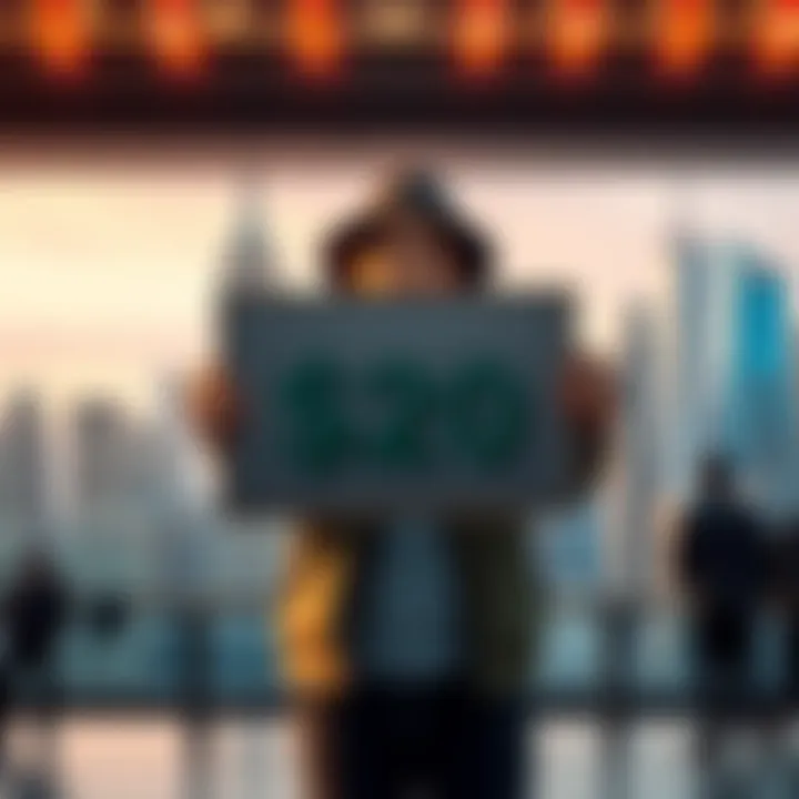 A person holding a sign offering $20 to ten people in the U.S. with a background of popular landmarks