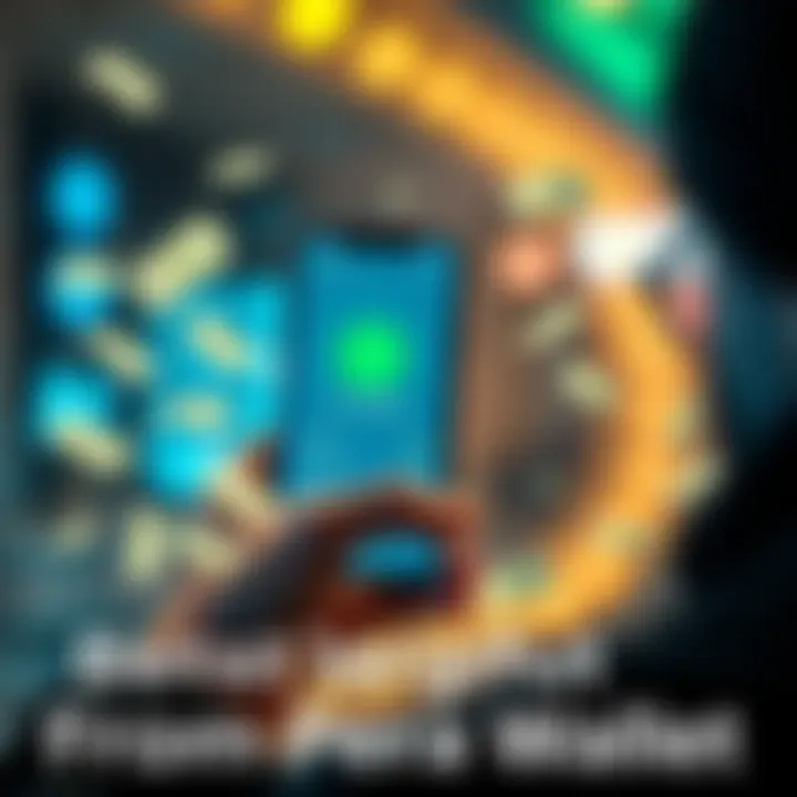 A person using a smartphone to cash out from Pera Wallet with money symbols around