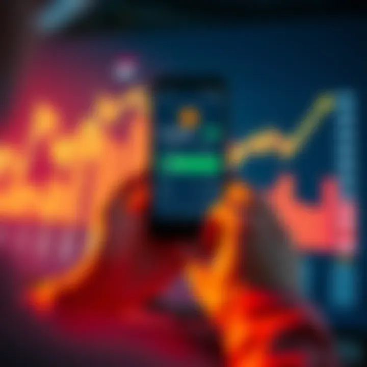 A person using Cashapp on a smartphone to buy Bitcoin, with graphs showing price comparisons against other platforms in the background.