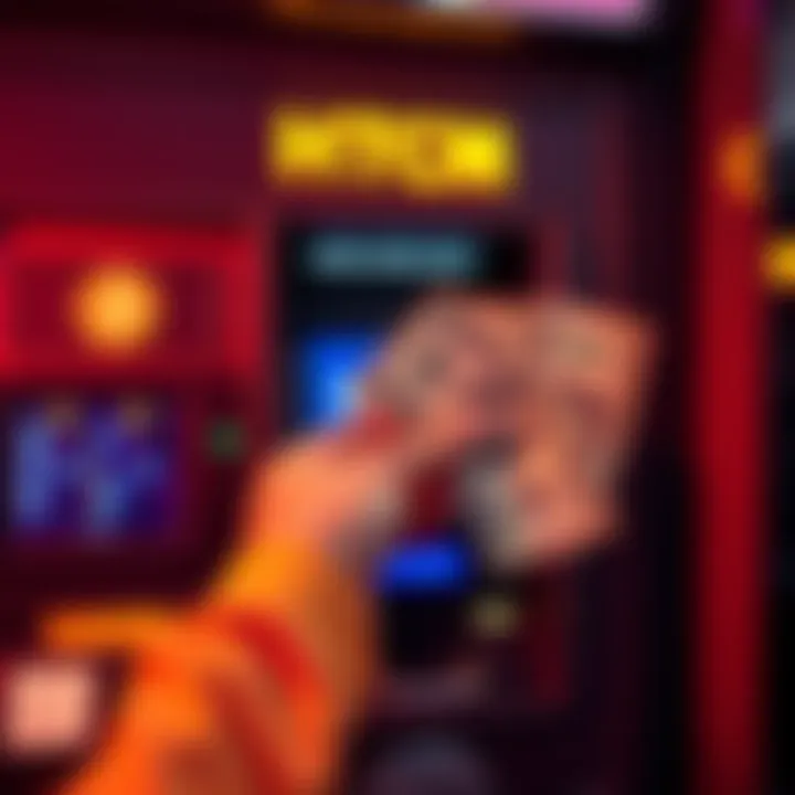 A person using a Bitcoin ATM to convert cryptocurrency into cash, with dollar bills in hand