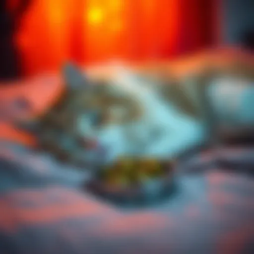 A sweet, fluffy cat lying on a soft blanket with a small bowl of olives nearby, symbolizing its love for the snack.