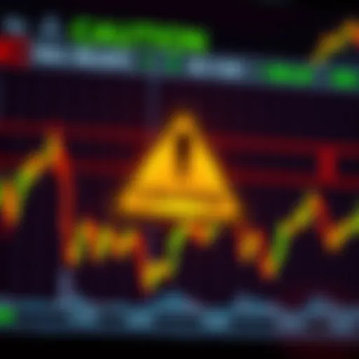 A warning sign displayed on a stock market chart with declining trends, symbolizing the risks of trading.