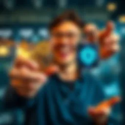 A person joyfully holding coins in one hand while showing a digital cold wallet in the other, symbolizing financial achievement and security.