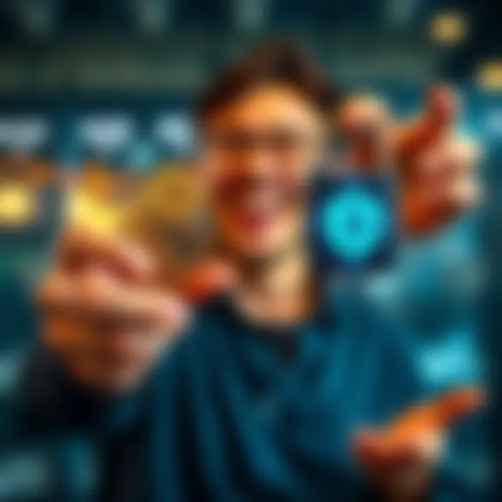 Celebrating 10 Coins A person joyfully holding coins in one hand while showing a digital cold wallet in the other, symbolizing financial achievement and security.