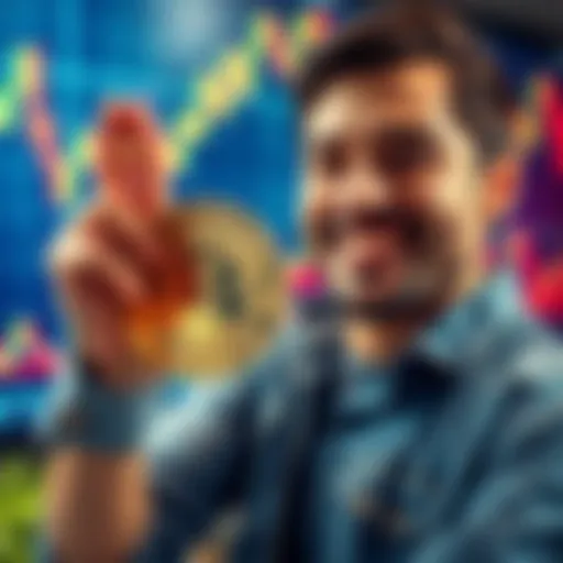 Individual smiling and holding a Bitcoin symbol with a background of financial charts