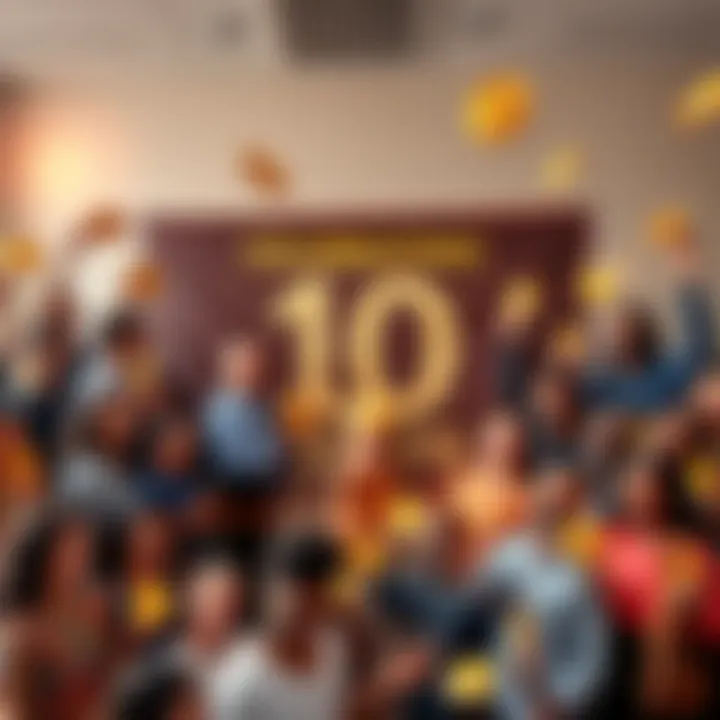 A group of diverse people gathered around a large banner celebrating 10 years of cryptocurrency innovation, smiling and holding symbols of digital coins