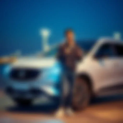 A person happily stands next to a new car, symbolizing rewards from long-term Ethereum investment, with a big smile and keys in hand.