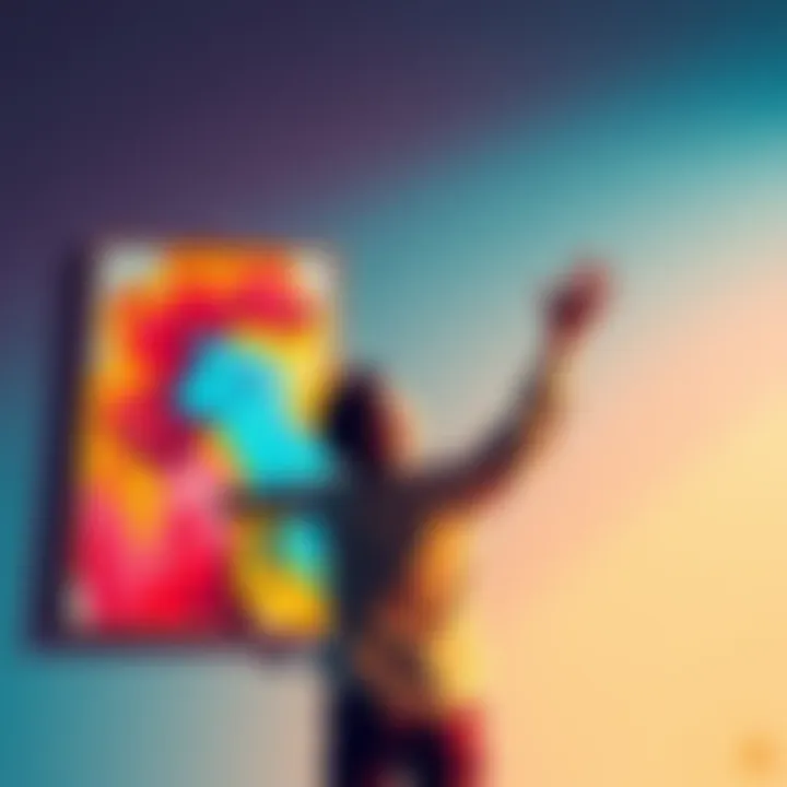 A person joyfully hanging a bright painting on a wall, symbolizing financial success from cryptocurrency gains.