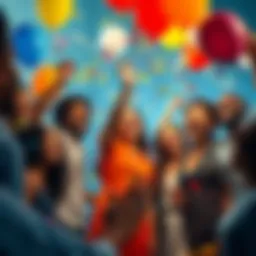 A group of diverse people joyfully celebrating their personal victories with confetti and balloons.