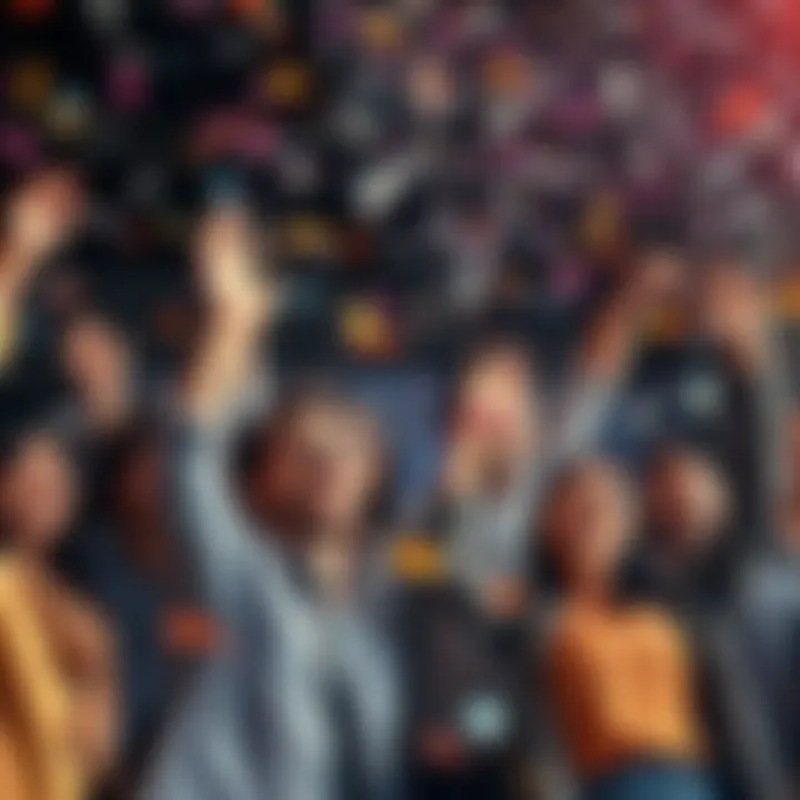 A group of diverse people joyfully celebrating together with confetti in the air, expressing excitement and happiness.