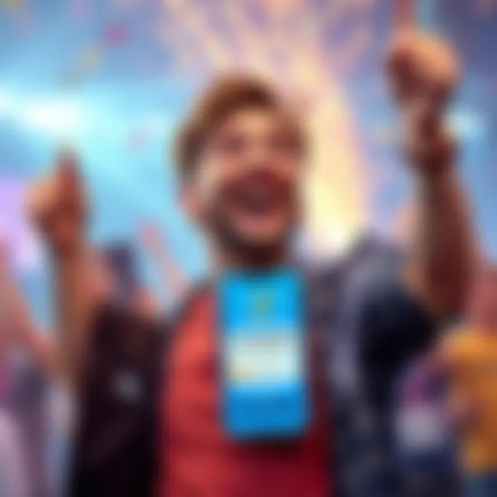 A person celebrating after winning a bet with a $100,000 prize, showing excitement and happiness, with a smartphone displaying a Lightning transaction.