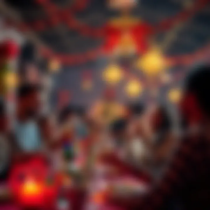 People engaging in a lively online comments party with festive decorations and cheerful interactions