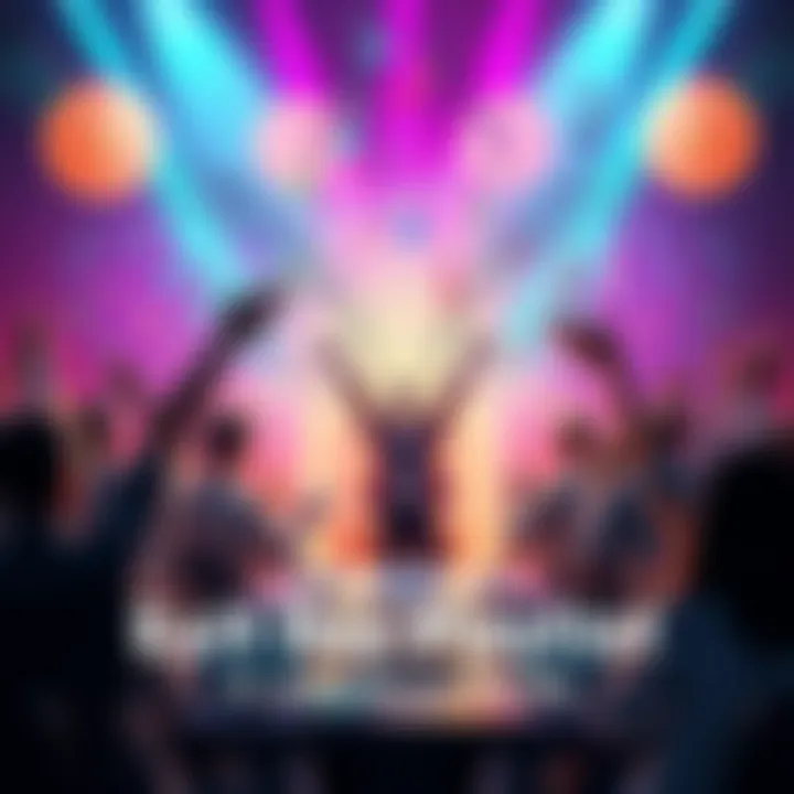 A vibrant playlist cover featuring colorful musical notes and a graphic of people celebrating their last day at work, symbolizing success with Hedera.