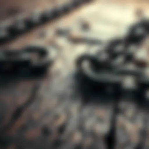 A close-up of broken chains lying on a weathered wooden surface, symbolizing the impact of slavery in modern times.