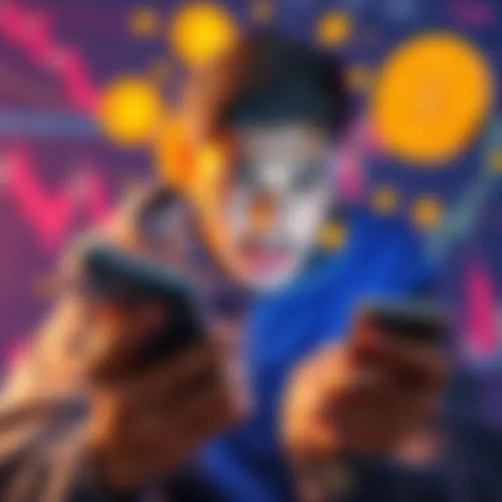 Challenges of Using Bitcoin A person looks frustrated while using a Bitcoin wallet app on their smartphone, with confusing charts and symbols in the background.