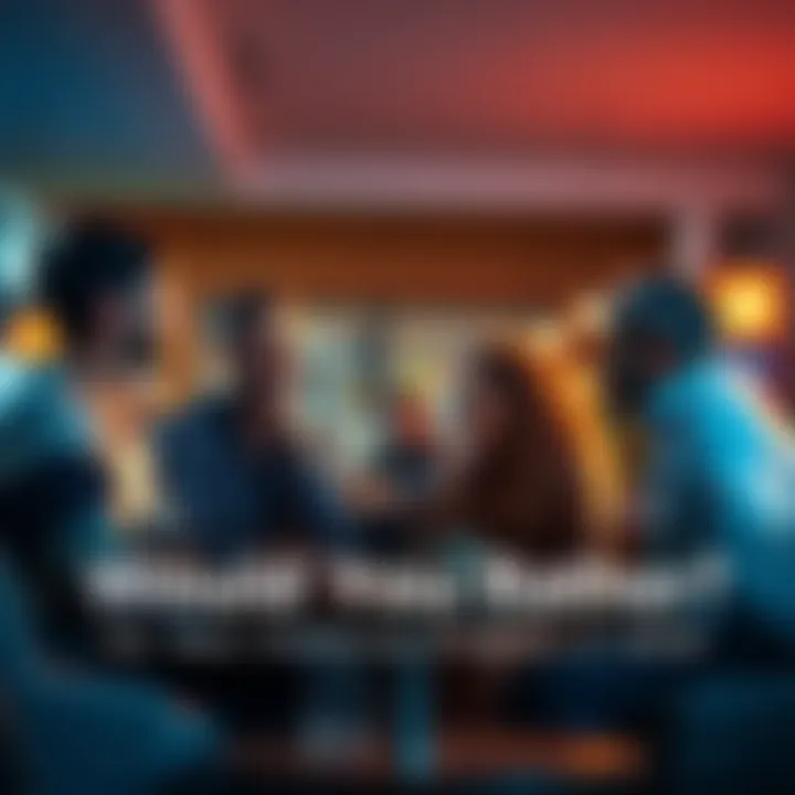 A group of people thoughtfully discussing tough 'Would You Rather' questions in a casual setting.
