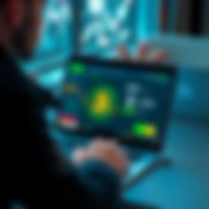 A person reviewing Changelly on a laptop, with cryptocurrency symbols like BTC and ETH displayed on the screen, highlighting user experiences and security aspects.