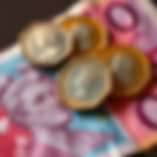 A collection of Charles III portrait coins placed on a Canadian banknote, showcasing their design and potential presence in everyday use.