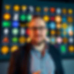 Charles Hoskinson with Crypto Symbols Charles Hoskinson standing in front of a large screen displaying various cryptocurrency logos, symbolizing his $200 million Midnight project for mass crypto adoption.
