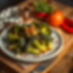 A plate of charred broccoli garnished with spices, served on a table with utensils