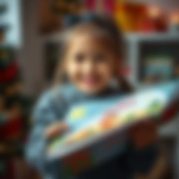 A two-year-old girl smiles while holding a colorful children's book with festive illustrations, sharing joy during the Christmas season.
