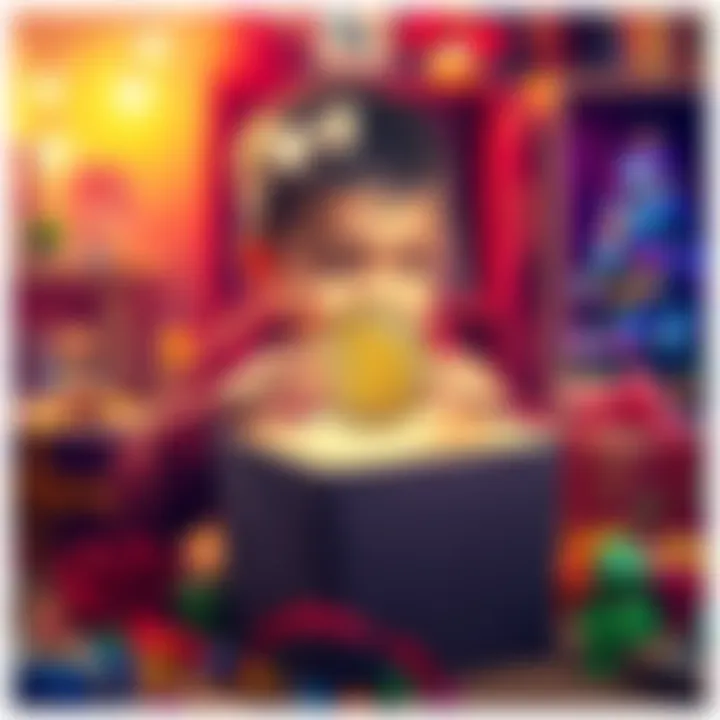 A child excitedly opening a gift box to find a Bitcoin representation, surrounded by colorful decorations and traditional toys.