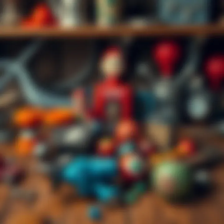 A collection of vintage toys and childhood relics on a wooden table, evoking nostalgia and memories of youth.