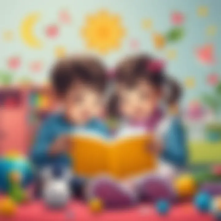 Two children, a boy and a girl, joyfully engaging in a playful nursery rhyme activity, surrounded by colorful illustrations of toys and nature.