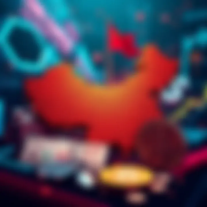 A graphic depicting China's crackdown on cryptocurrencies with symbols of money and regulations