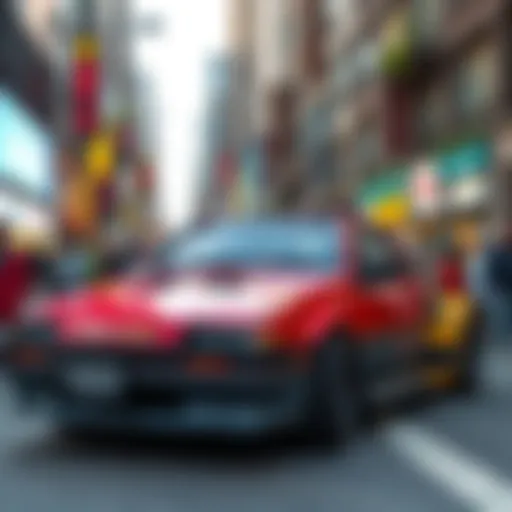 A colorful Chinese AE86 kit car parked on a bustling city street, showcasing its unique design and features, with curious onlookers nearby.