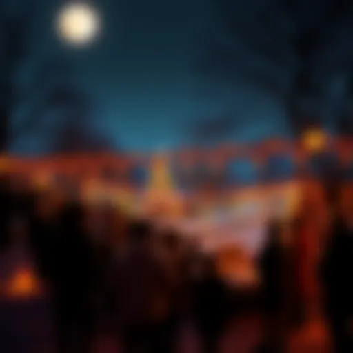 People enjoying a festive gathering under the moonlight with Christmas decorations and lights