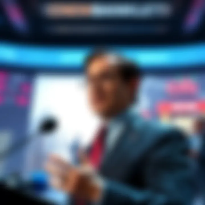 Citi CEO speaking at a press conference about the shift toward XRP in financial markets with banks in the background