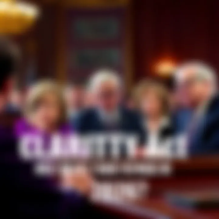 A group of lawmakers discussing the CLARITY Act with concerned expressions in a legislative setting.