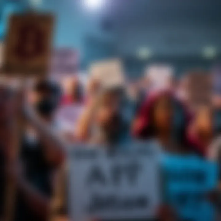 A group of frustrated people holding signs demanding justice against a Bitcoin mining app.
